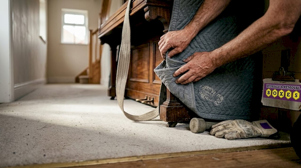 Hands securing blanket around piano base