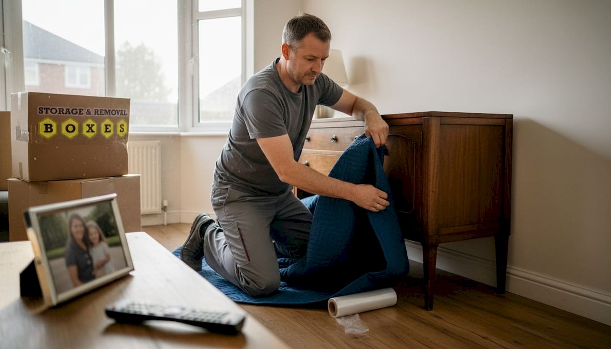 Mover protecting furniture with removal blanket