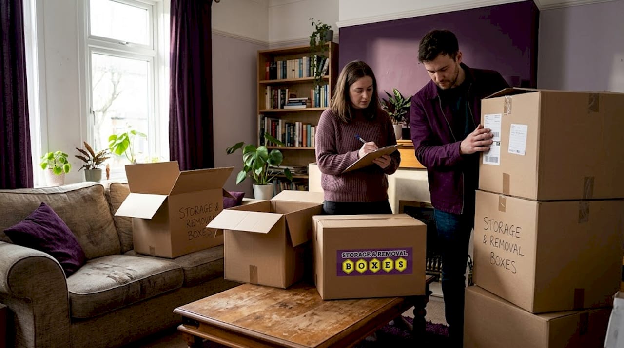 Couple sorting moving boxes in living room
