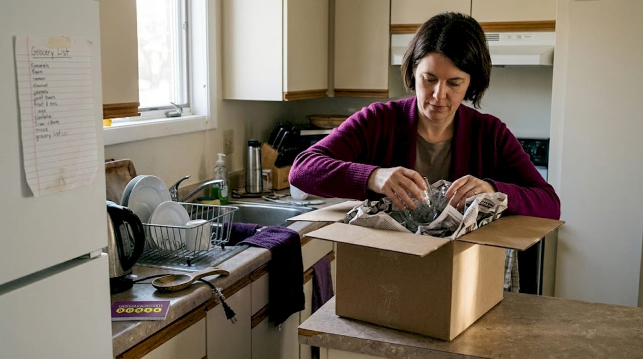 Woman packing glassware into medium moving box