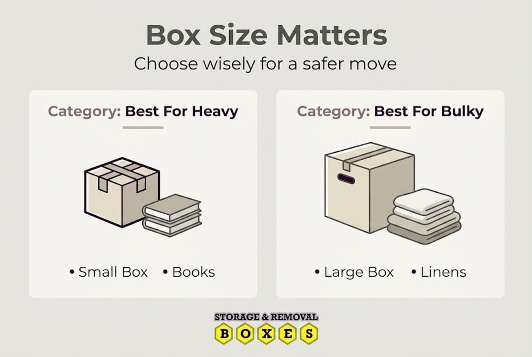 Infographic showing ideal box sizes for different items