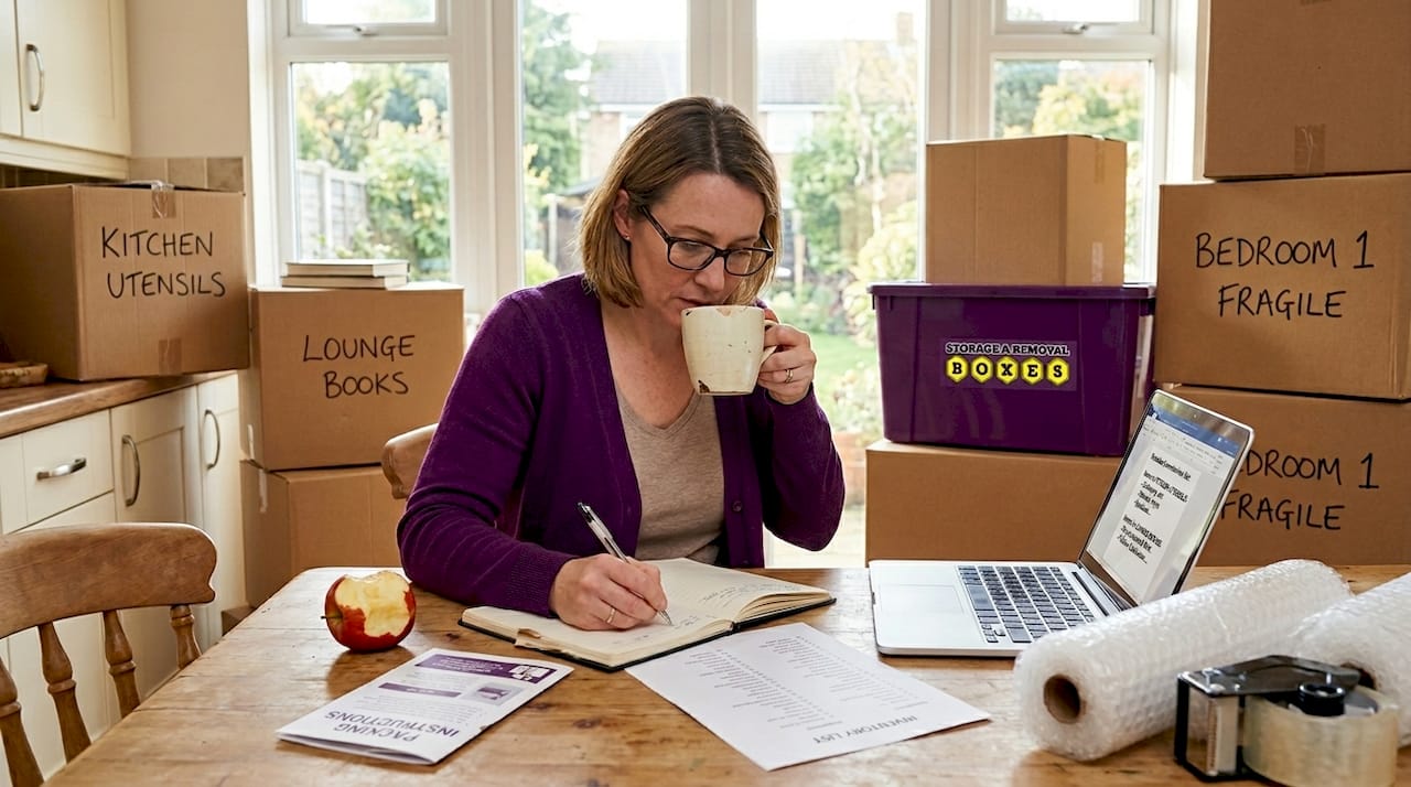 Woman planning self-storage and packaging supplies