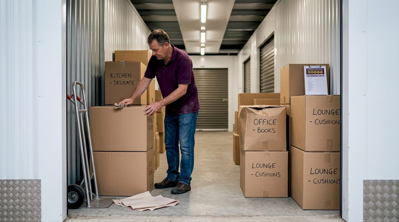 Man organizing aisle in storage unit