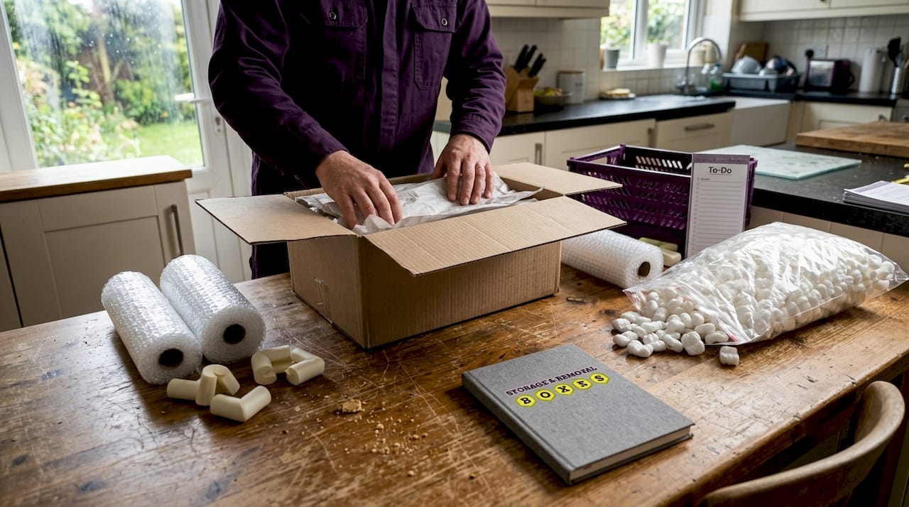 Hands placing protective materials in moving box