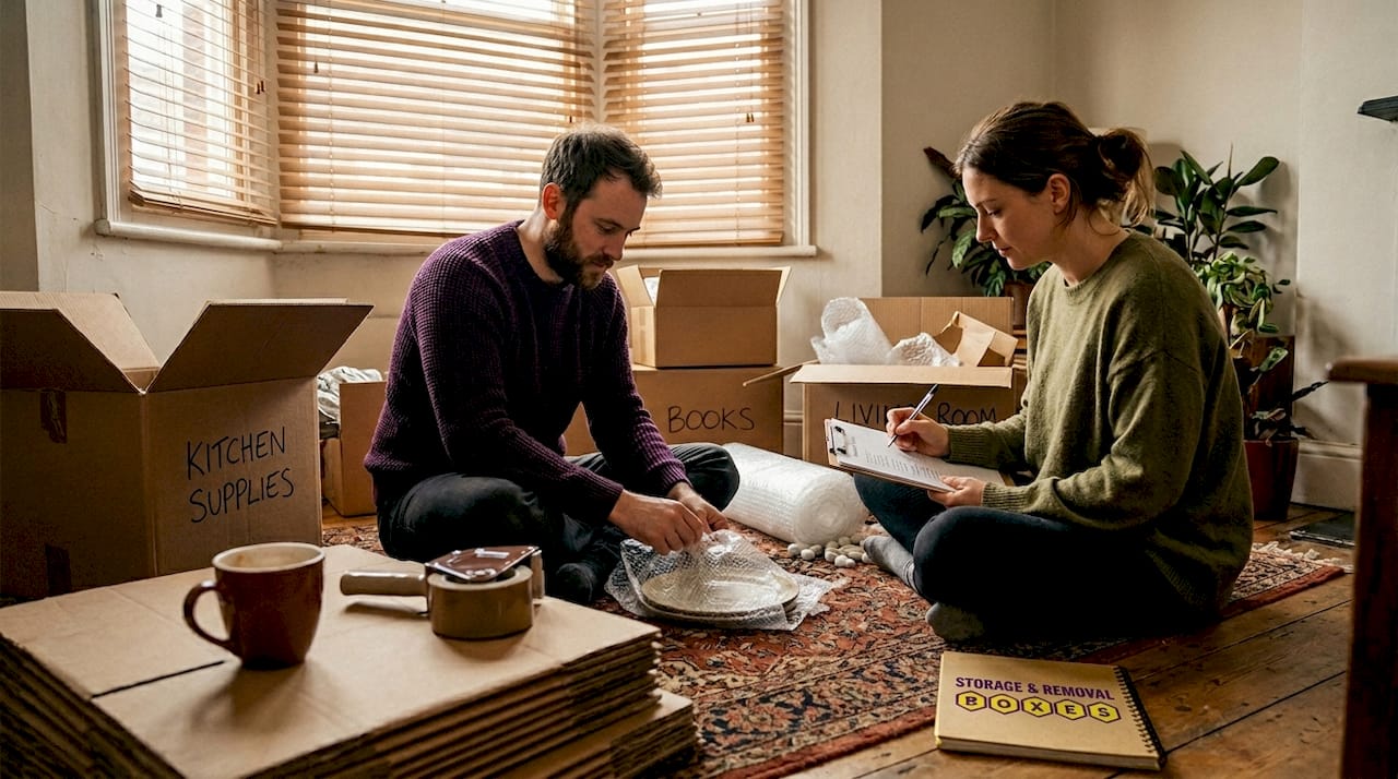 Couple preparing moving boxes on living room floor