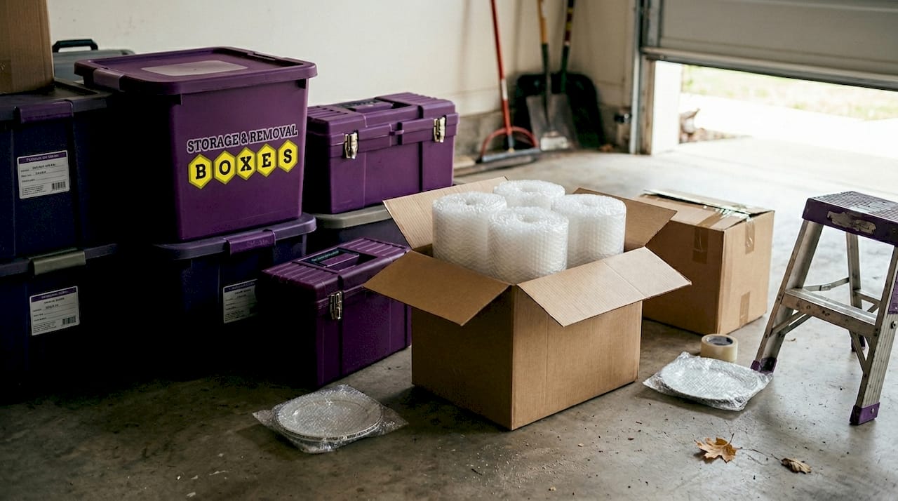 Bubble wrap rolls with packed household items in garage
