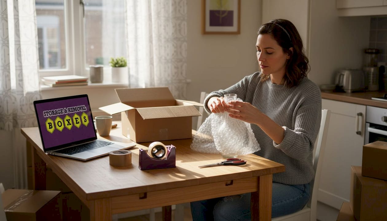 Woman wrapping vase in bubble wrap in kitchen