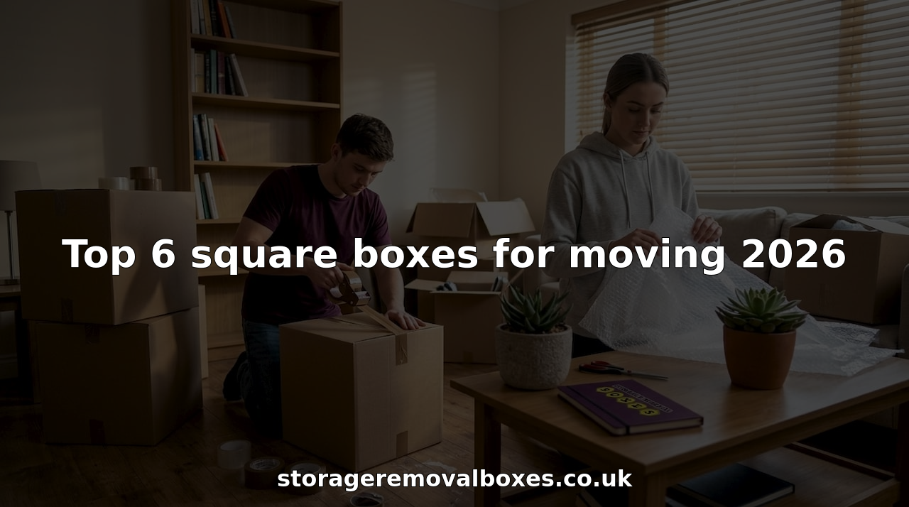 Couple packing square boxes in sunlit living room