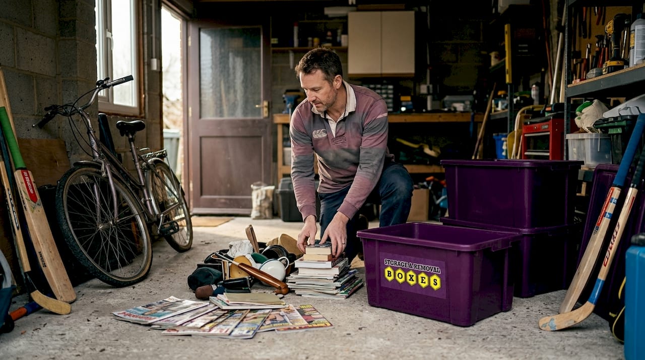 Man sorting belongings in a cluttered garage