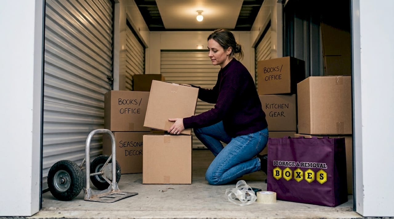 Woman packing boxes inside a self storage unit