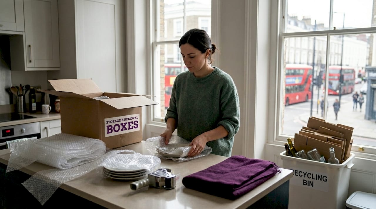 Packing kitchenware with bubble wrap in London flat