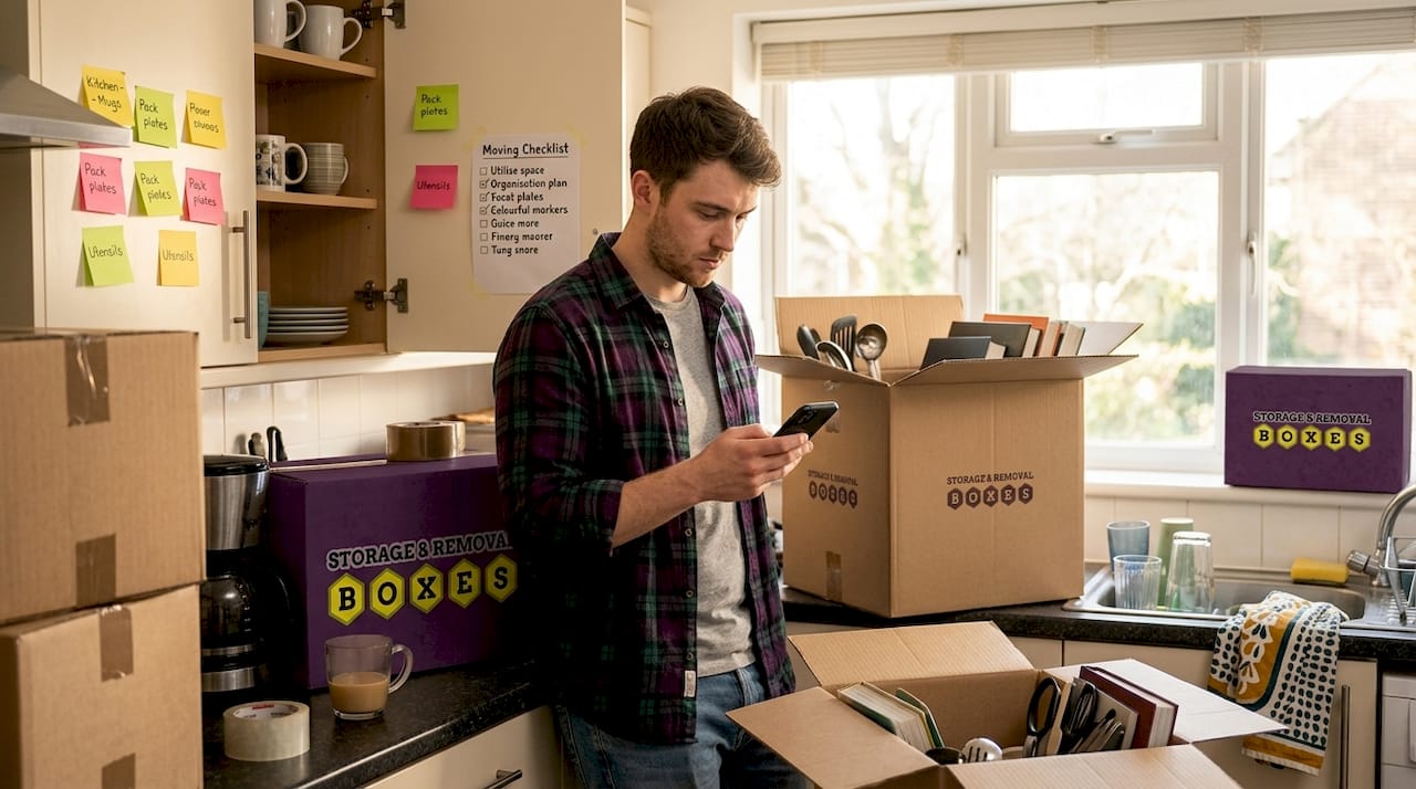Man organizing packing in kitchen with phone