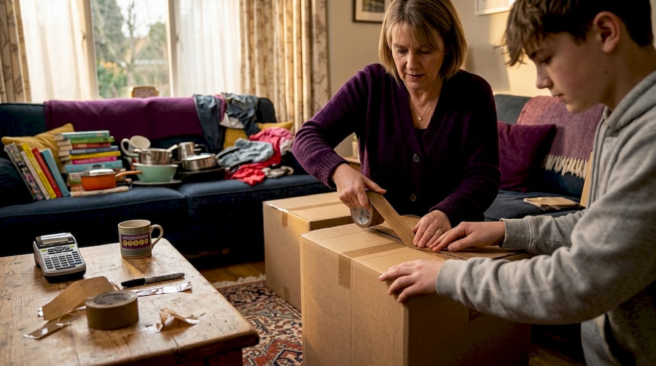 Family packing boxes in lived-in living room