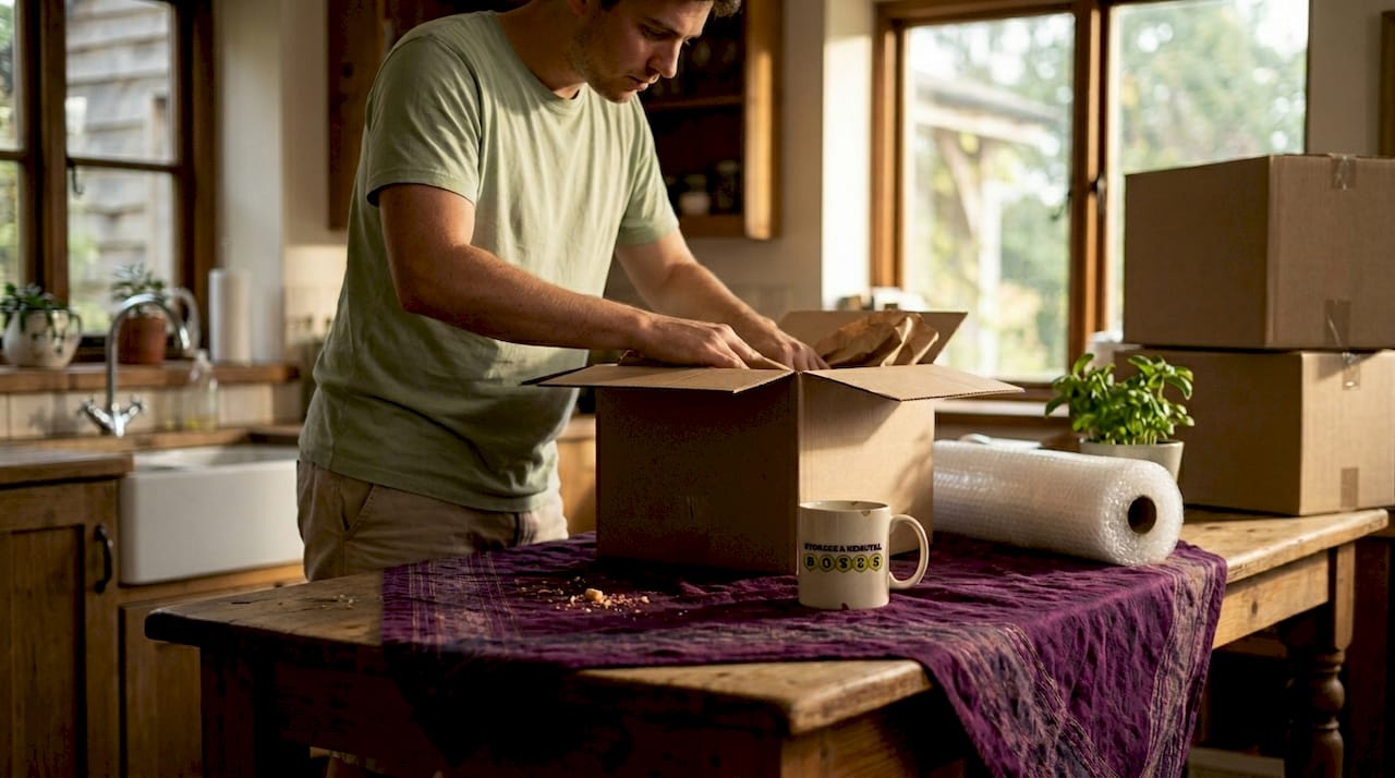 Person packing medium boxes in kitchen