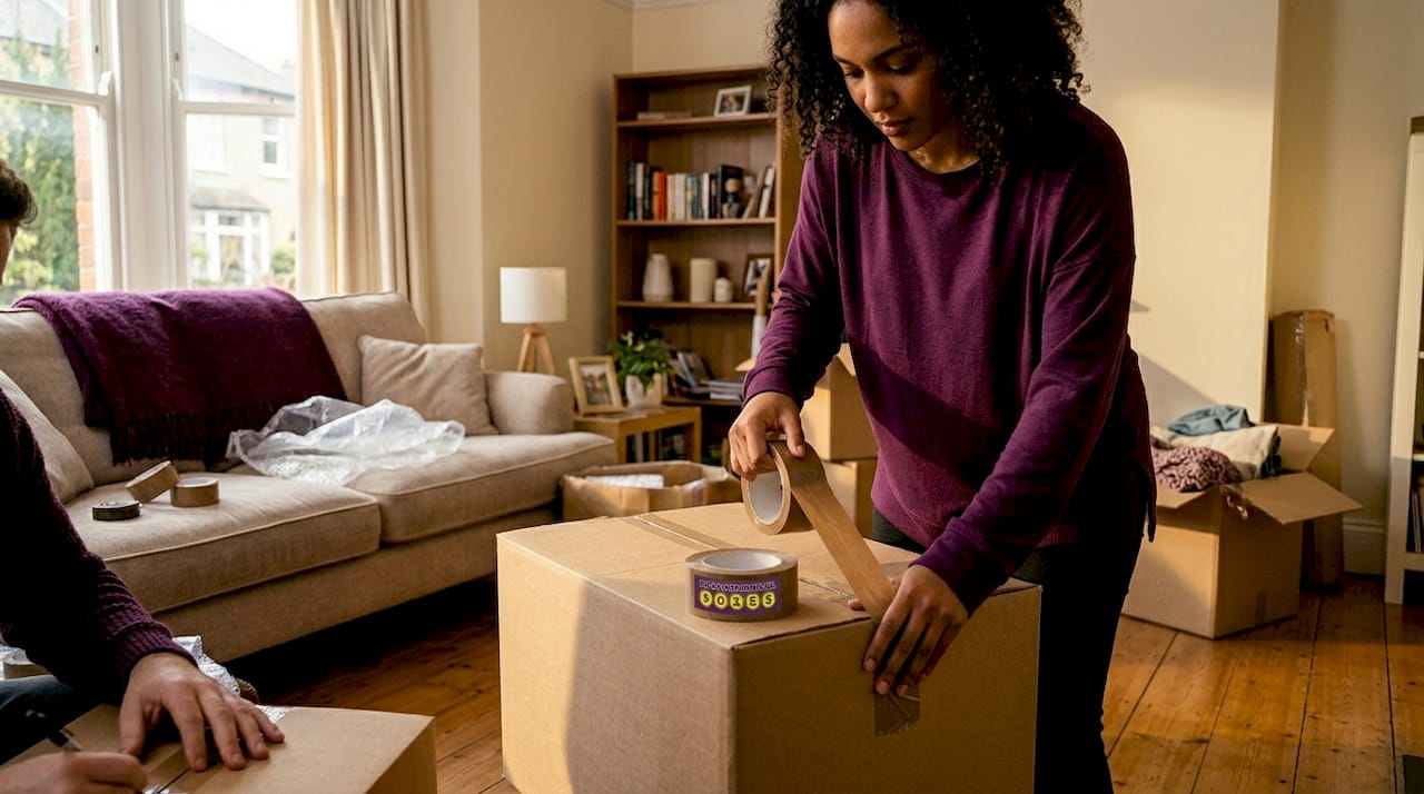 Couple packing boxes in bright living room