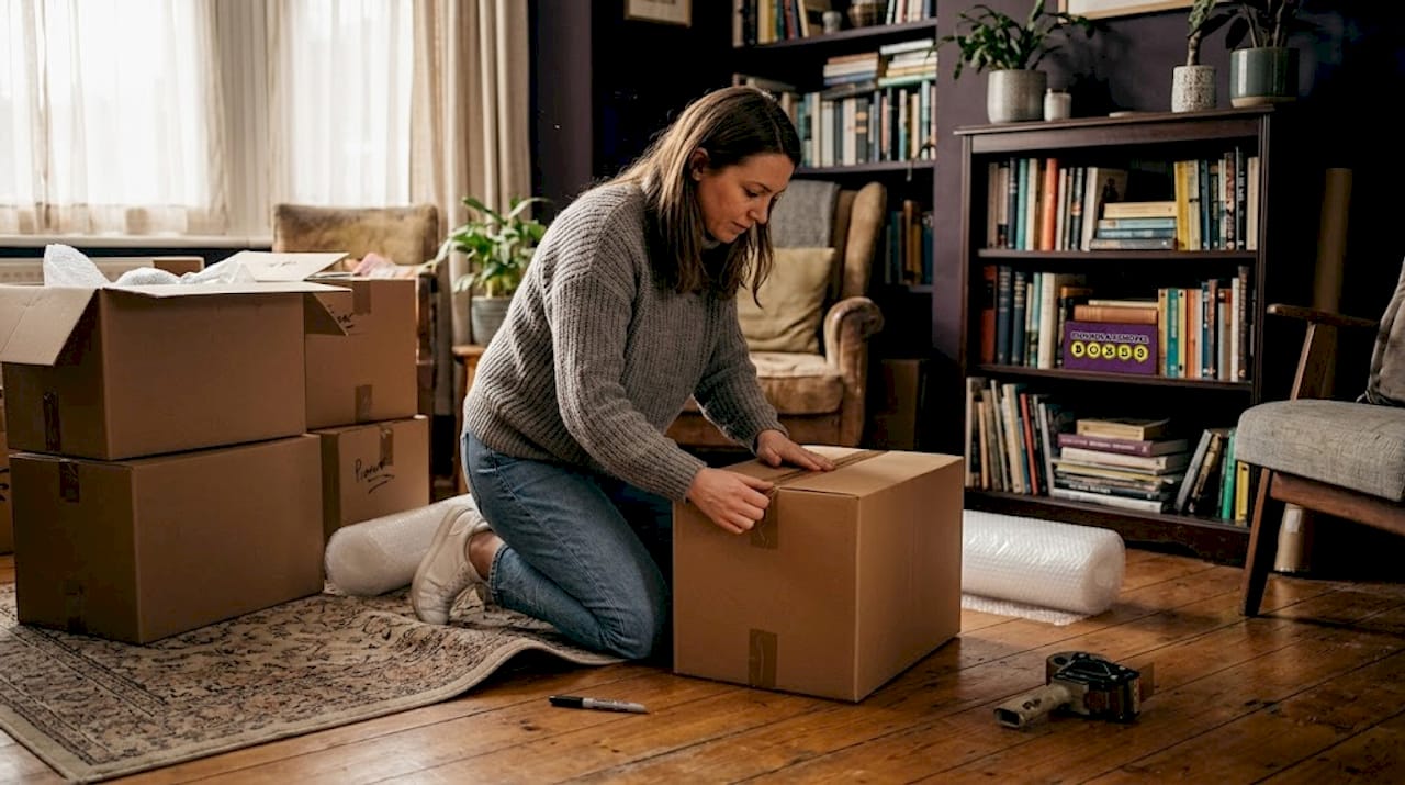 Woman taping moving boxes in UK living room