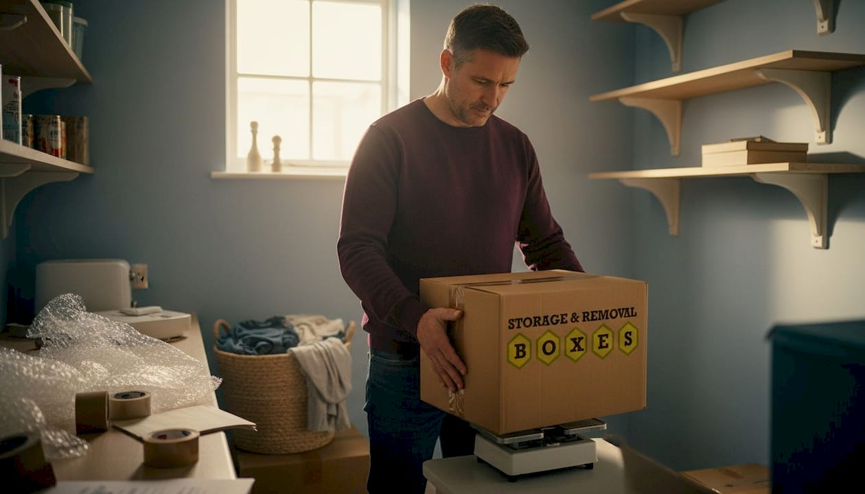 Man weighing moving box on kitchen scale