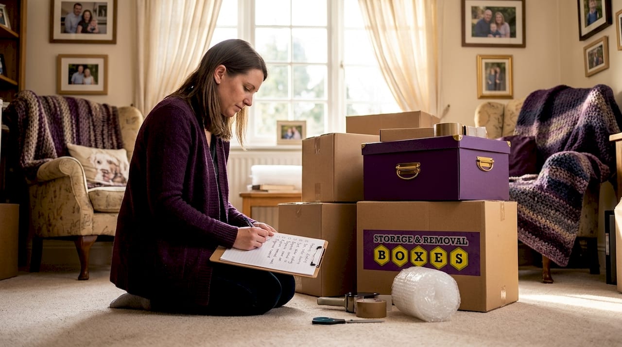 Woman reviews home moving checklist with boxes
