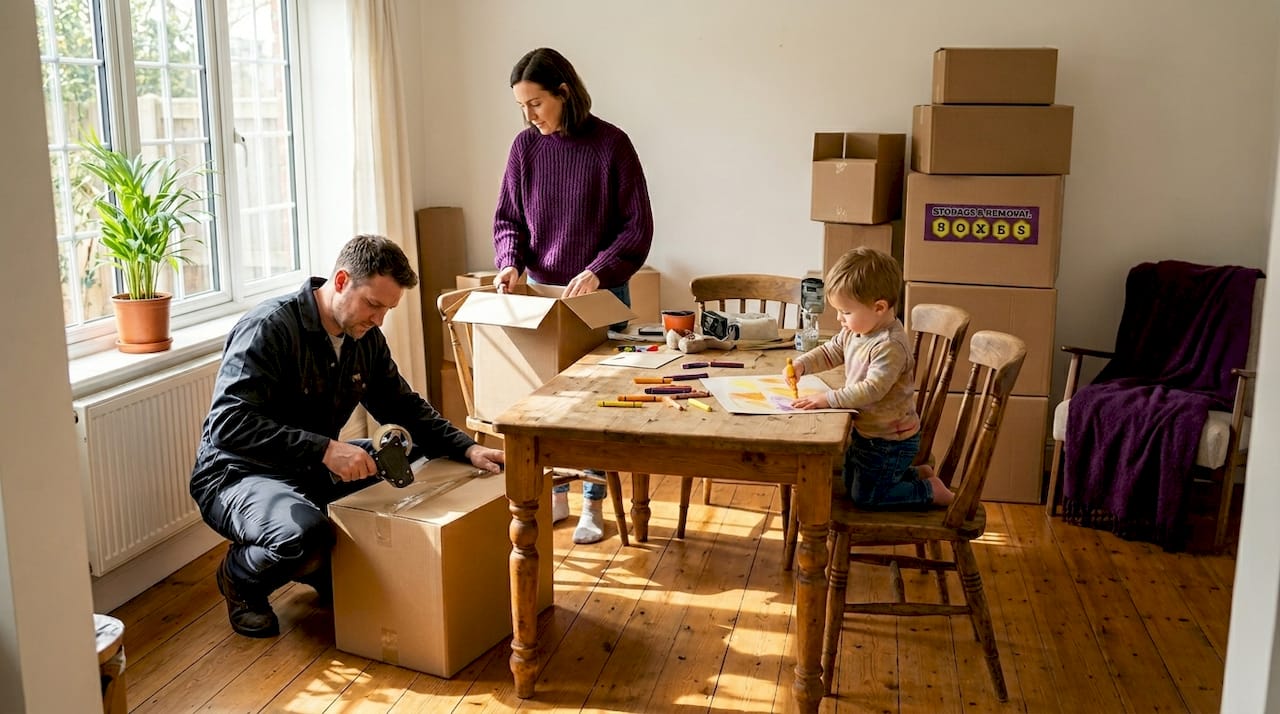 Family packing moving boxes in living room