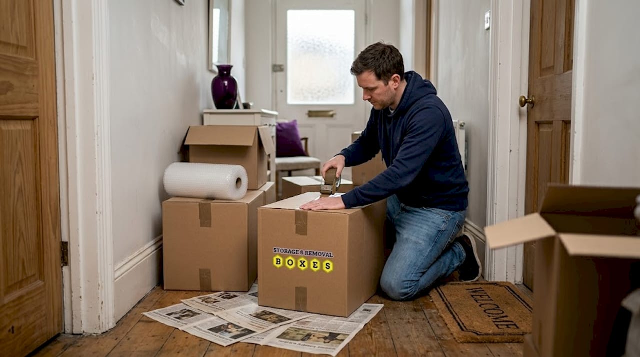 Man taping moving box with bubble wrap nearby