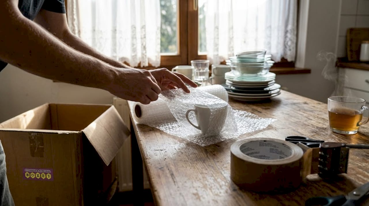 Hands wrapping mug with bubble wrap on kitchen table