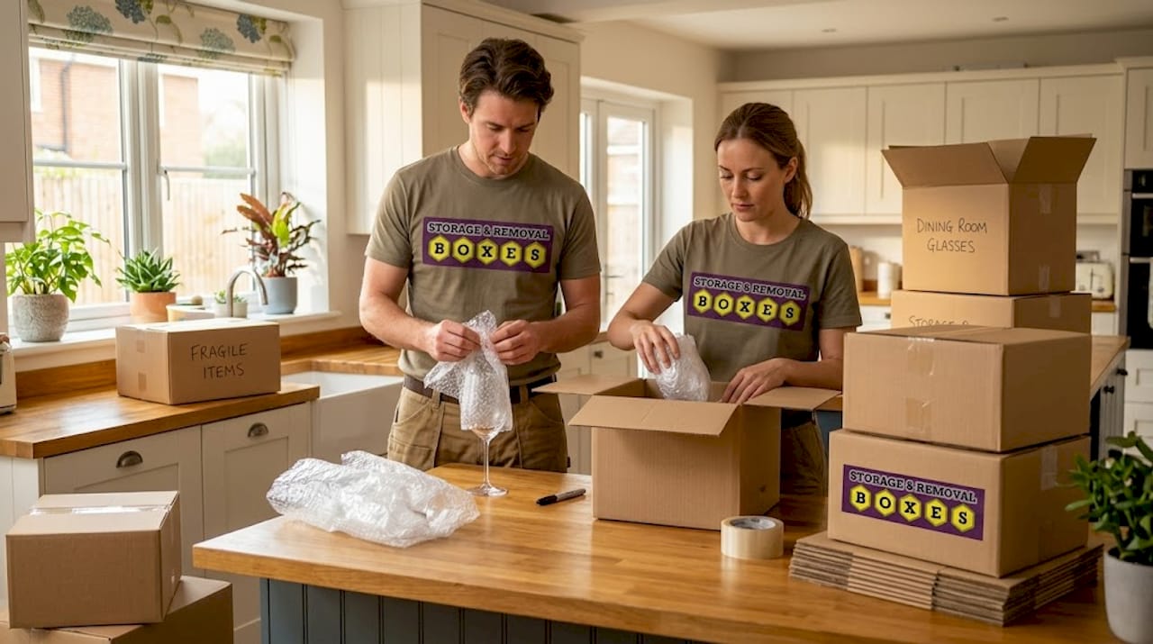 Movers packing fragile items in bright kitchen