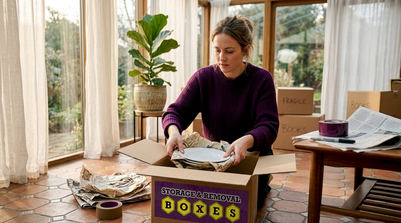 Woman wrapping dishes with newspaper to pack moving box