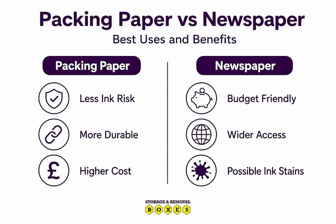 Infographic comparing packing paper and newspaper features