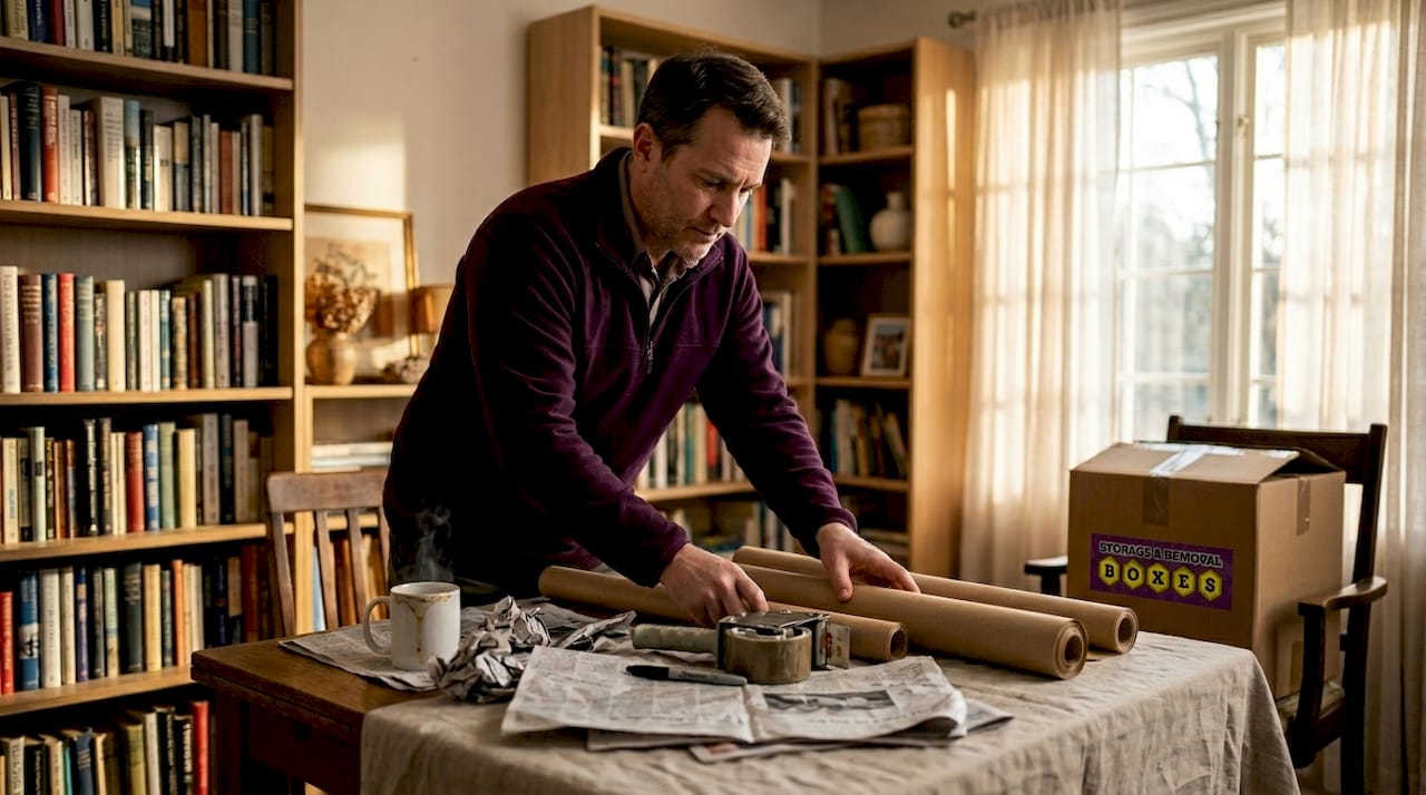 Man setting up table with packing supplies and newspaper