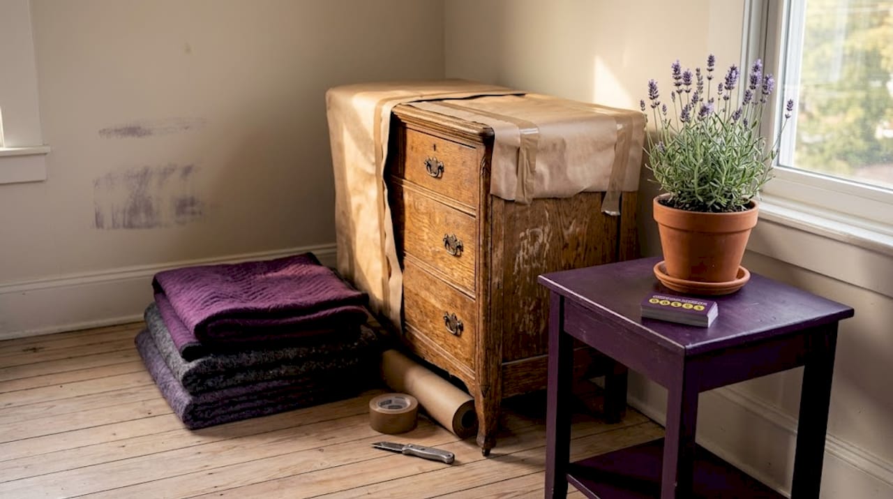 Moving blankets and packing items in living room