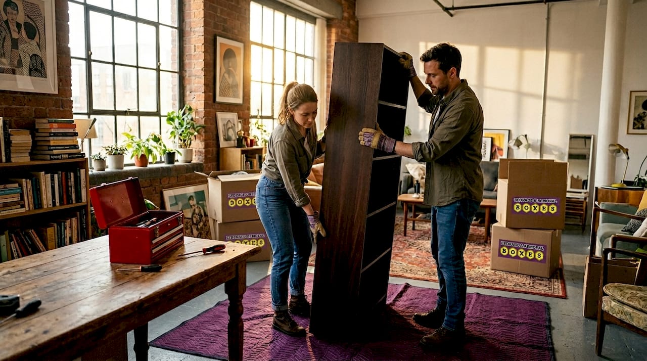 Man and woman moving large bookshelf at home