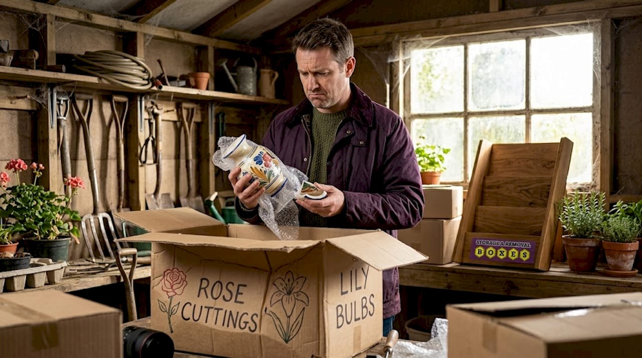 Man unpacks broken item from damaged box