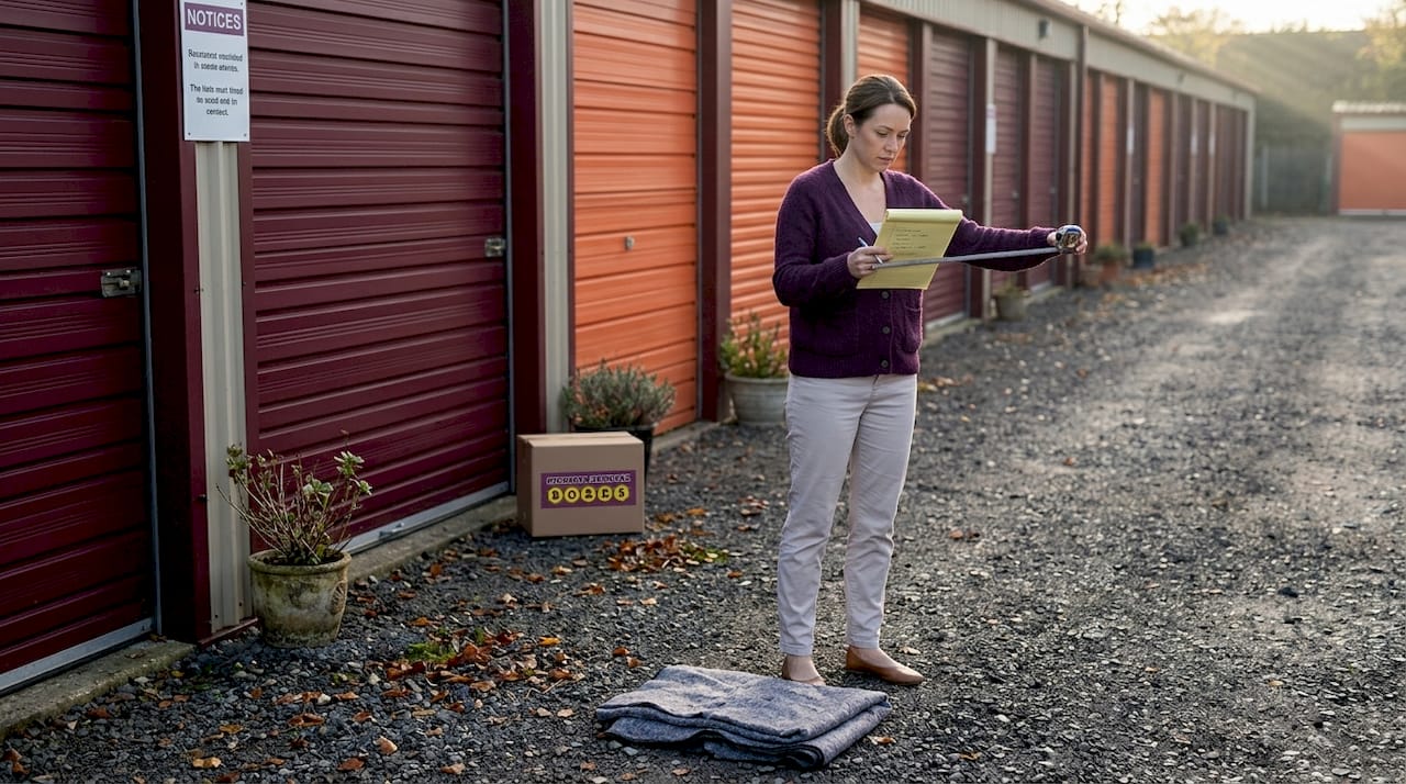 Woman measuring storage unit door indoors