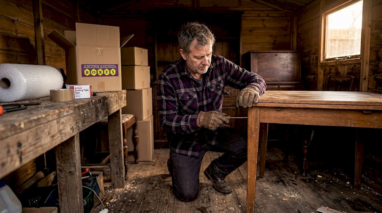 Man disassembling table for storage in garage