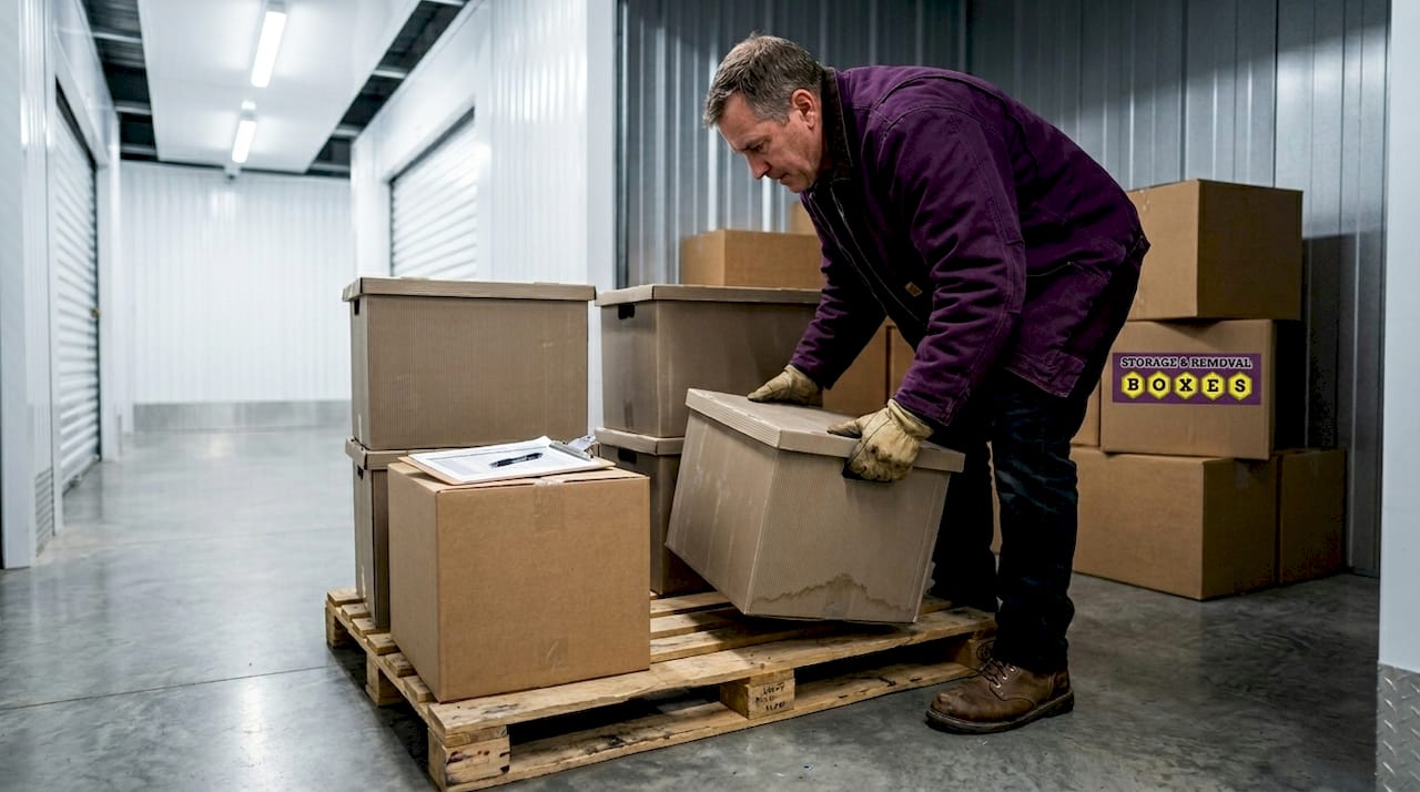 Man stacking boxes on pallet in storage unit