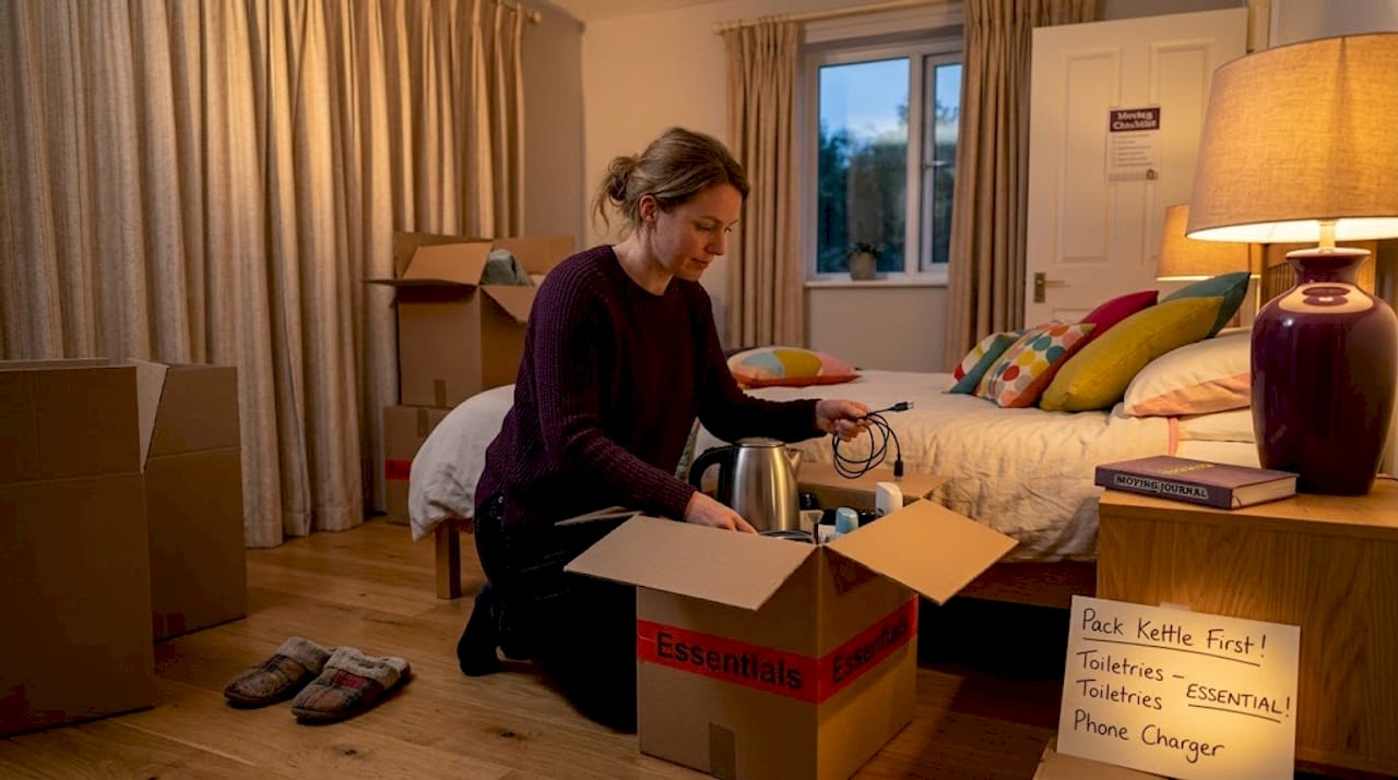 Woman packing essentials box for moving