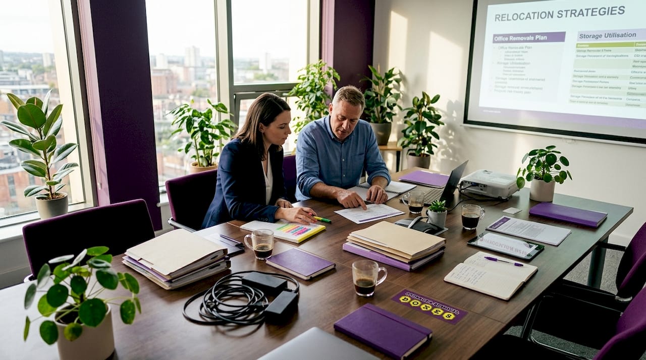 Team planning office relocation at meeting table