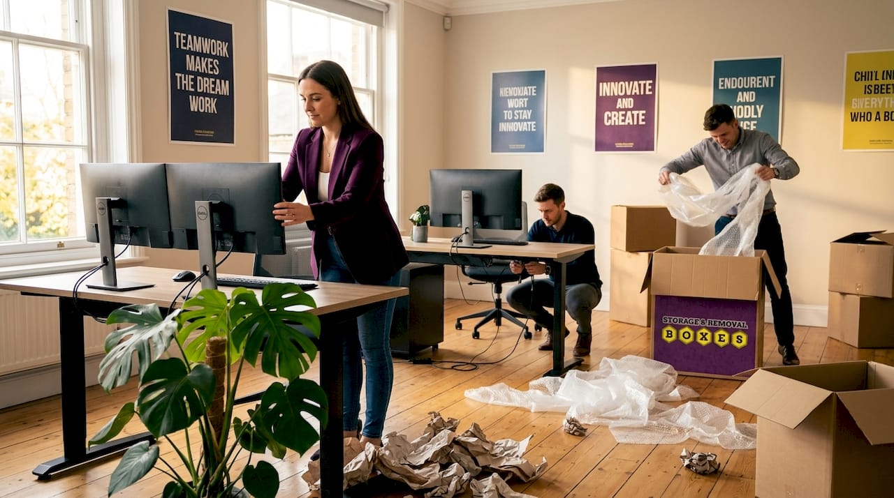 Employees unpack and set up new office desks