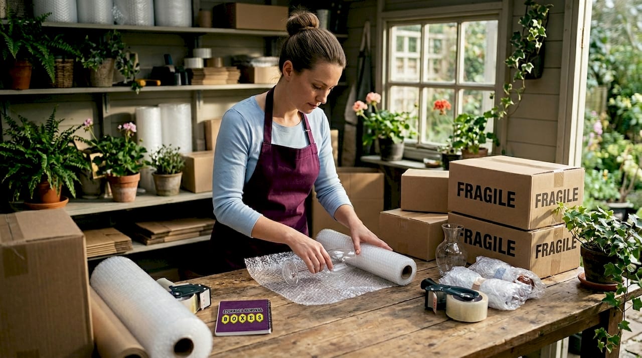 Worker wrapping fragile glassware with bubble wrap