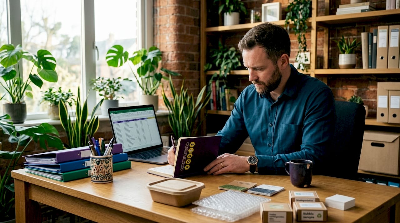 Professional reviewing packaging guidelines at desk
