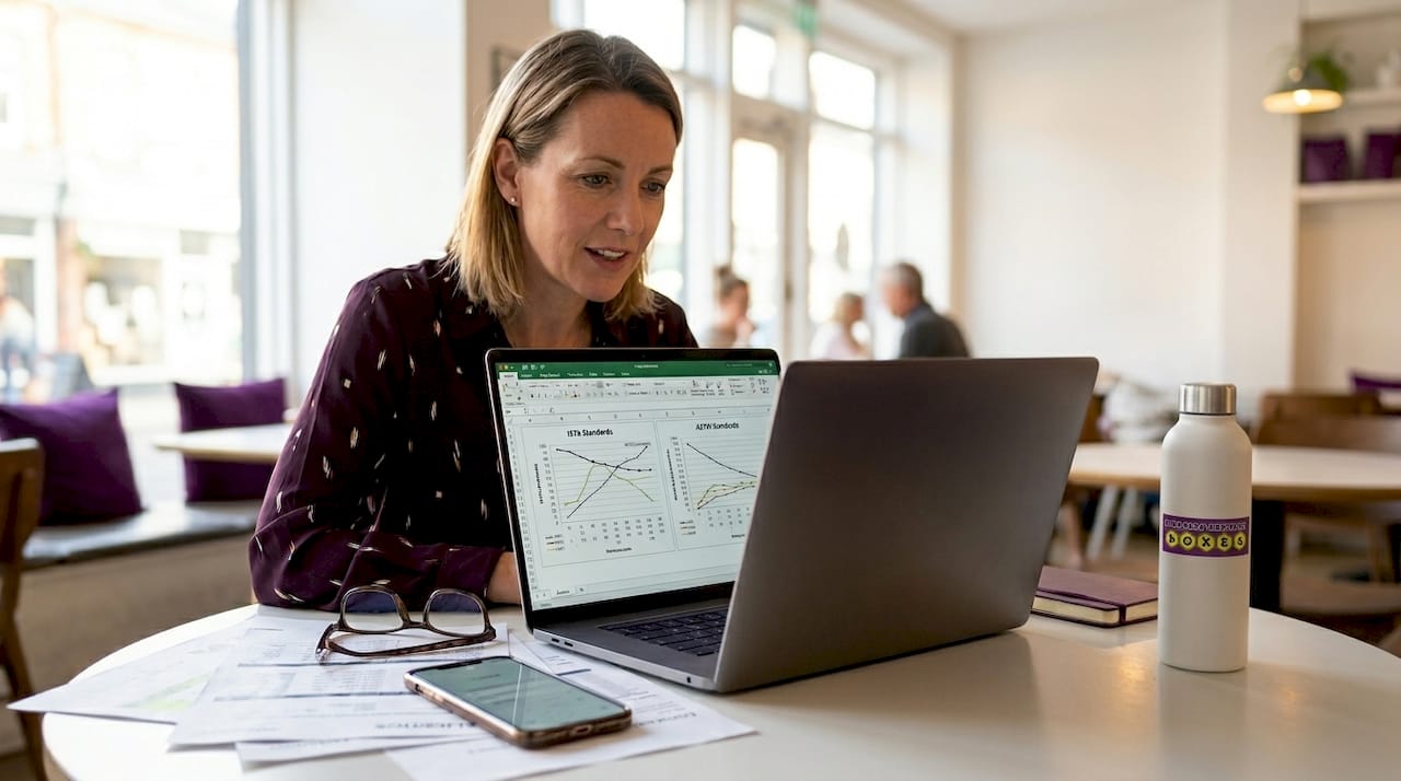 Logistics manager reviewing packing standards on laptop