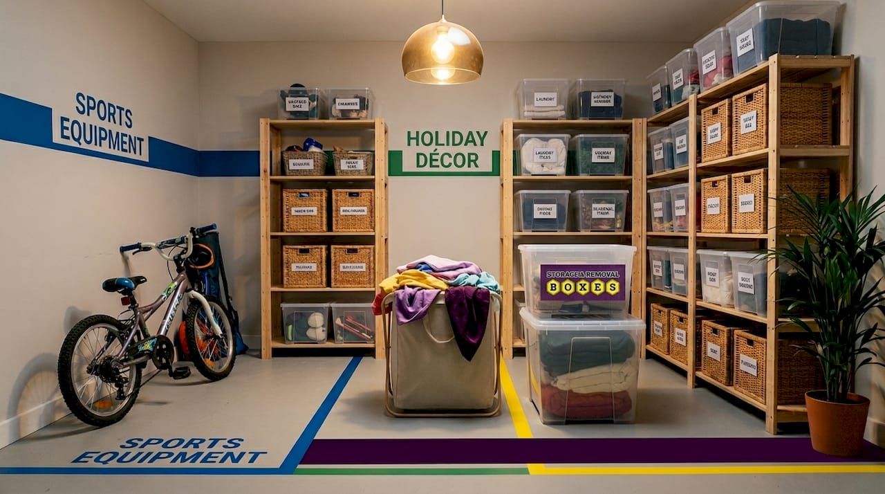 Zoned home basement storage layout