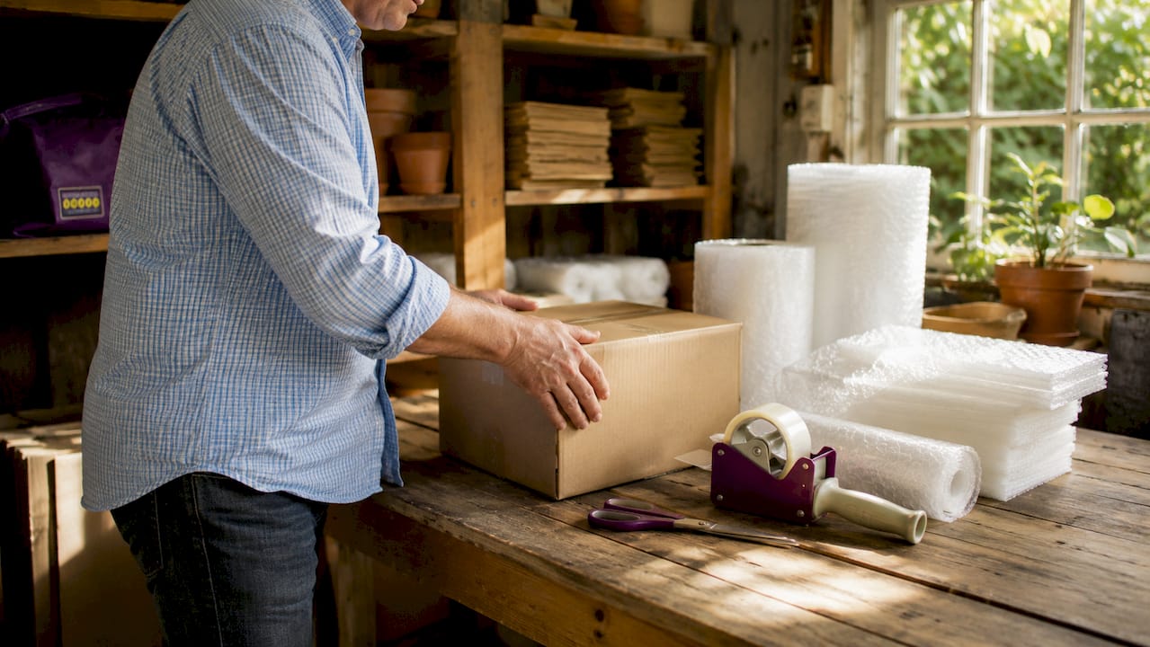 Hands selecting packing materials in garage