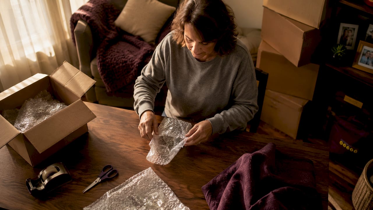Woman wrapping fragile glassware for moving