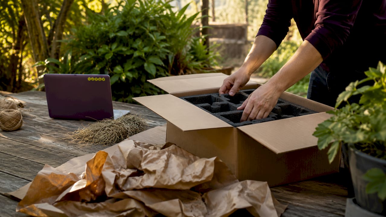Hands placing foam inserts in box