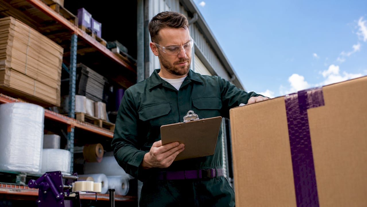Professional inspecting secure packaging in warehouse