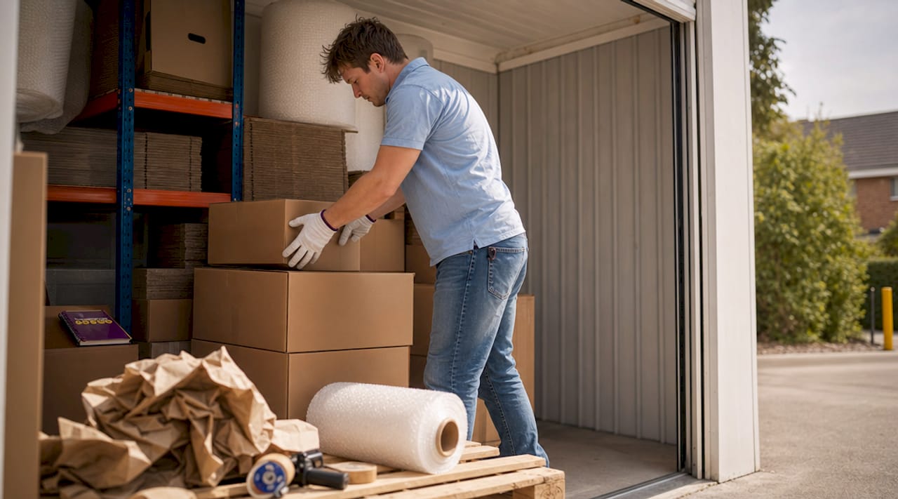 Hands packing boxes inside UK self-storage unit