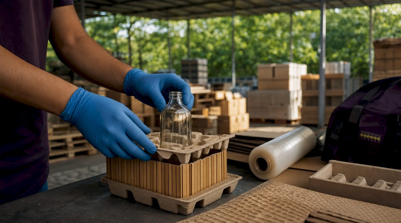 Hands assembling primary to tertiary packaging layers