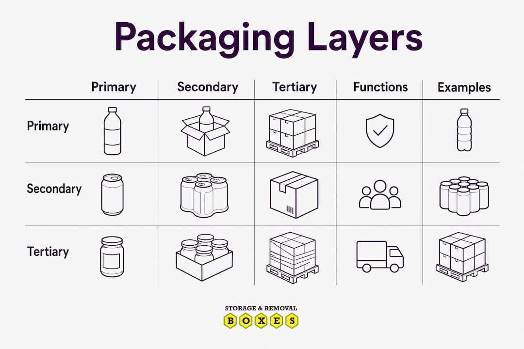 Infographic illustrating primary, secondary, tertiary packaging layers and examples