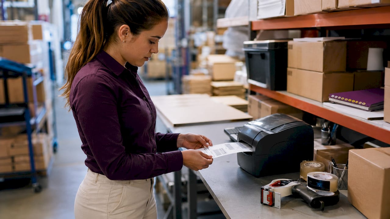 Woman removing printed shipping label from thermal printer